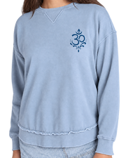 Arriving Soon Swirl Om Embroidered High Low  Women's Sweatshirt in Faded Denim Blue