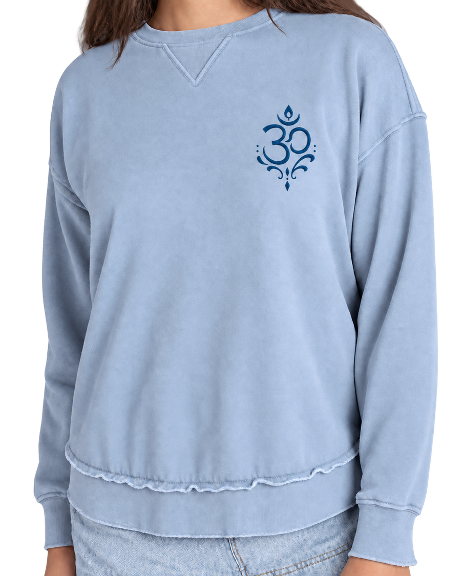 Arriving Soon Swirl Om Embroidered High Low  Women's Sweatshirt in Faded Denim Blue