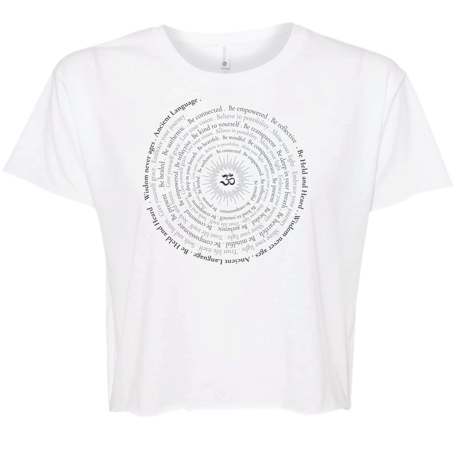 Om Sunburst Spiral Women’s  Crop SS T in White