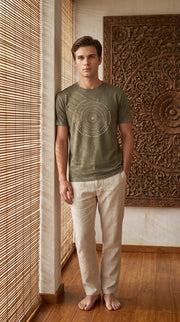 Om Sunburst Spiral Men's Soft Wash Short Sleeve tee in Khaki Green