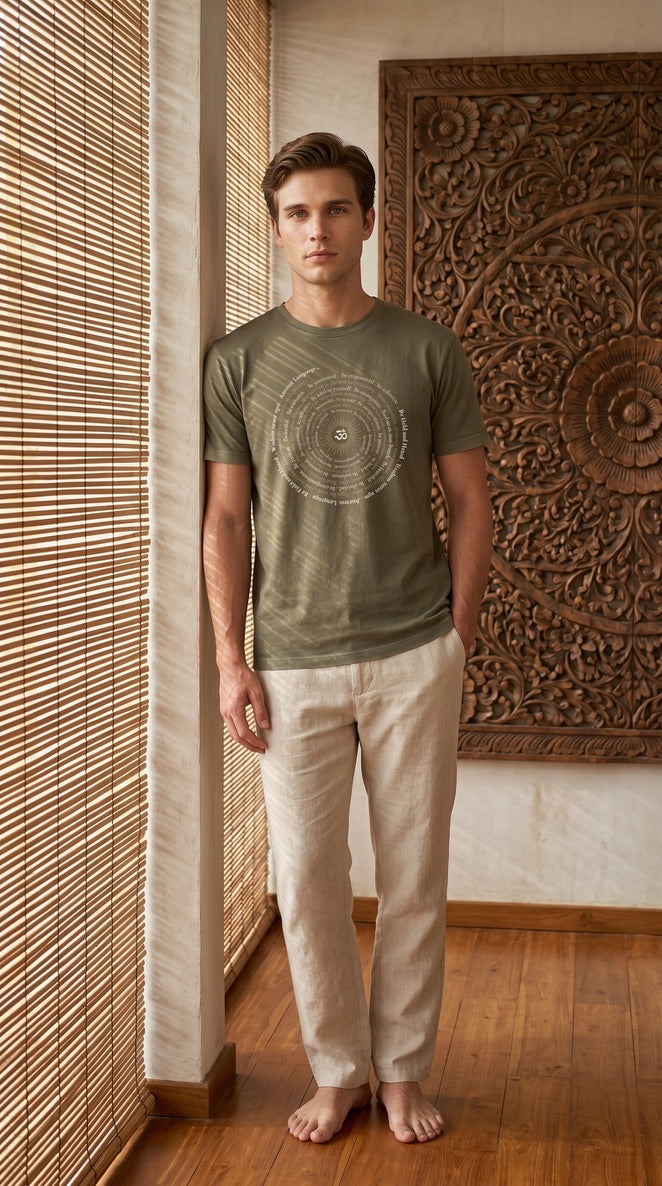 Om Sunburst Spiral Men's Soft Wash Short Sleeve tee in Khaki Green