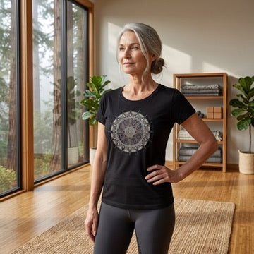 Preorder Mandala Women's Bamboo Organic Cotton Cap Sleeve Tee in Black