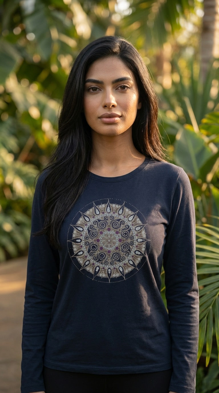 Mandala Bamboo Cotton Women's Long Sleeve Tee in Black