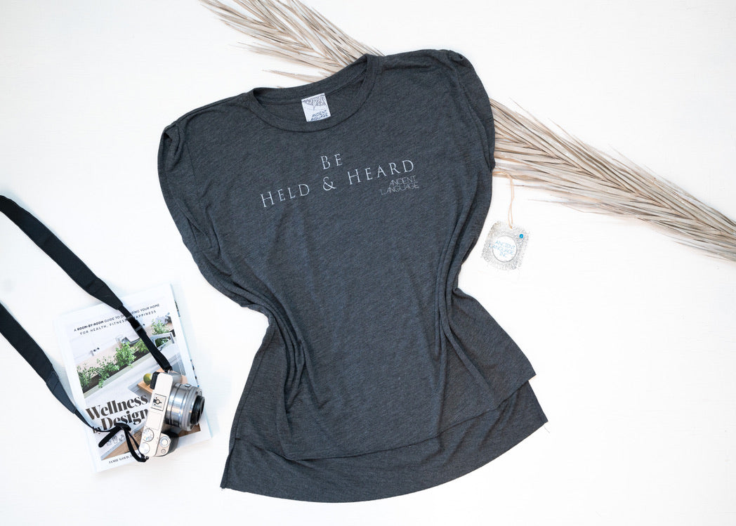 Be Held & Heard Women's Cap Sleeve Tee Ancient Language Yoga Clothing