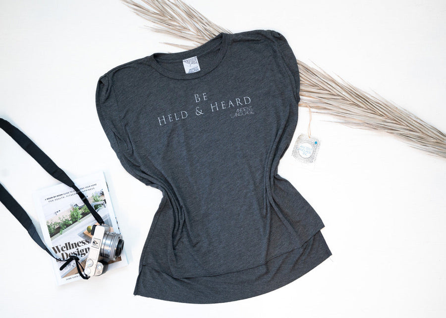 Be Held & Heard Women's Cap Sleeve Tee Ancient Language Yoga Clothing