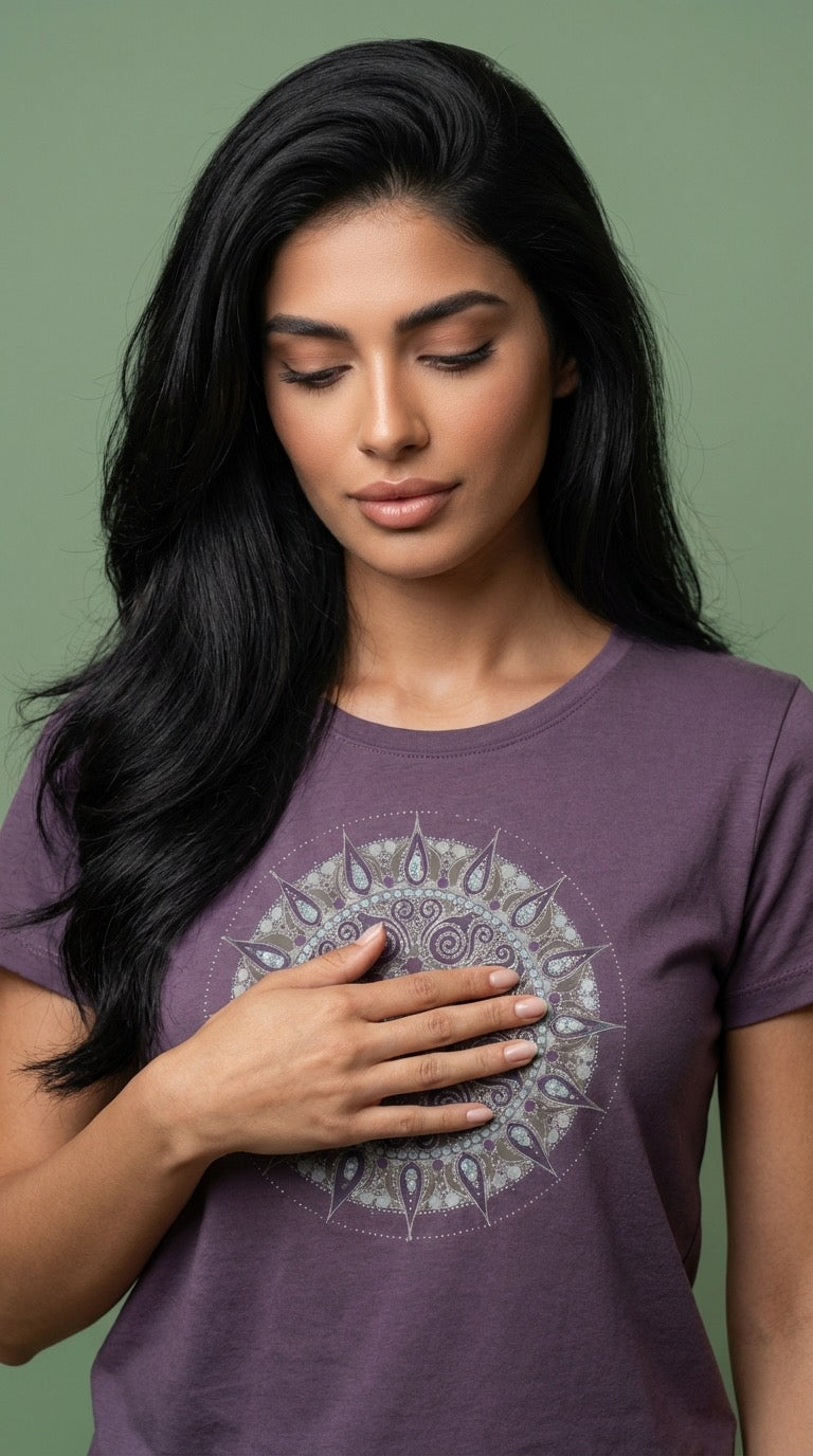 Silver Mandala Women's Bamboo Organic Cotton Cap Sleeve Tee in Dusty Purple