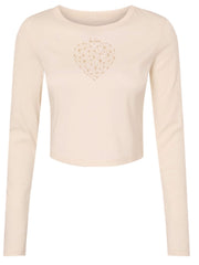 Be Love Diamond Heart Crop Rib Long Sleeve Top in Natural