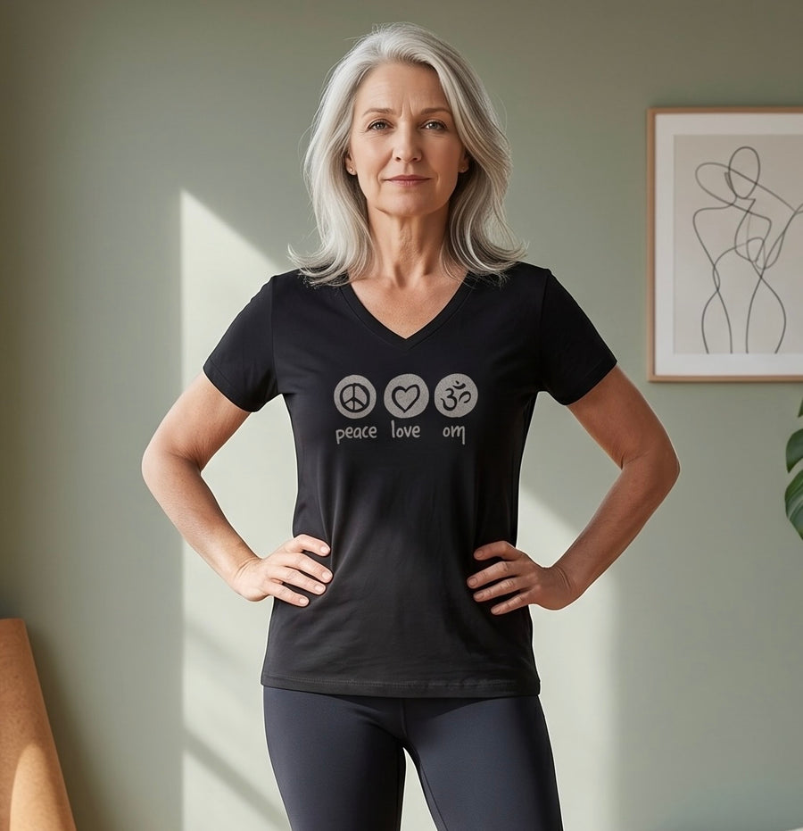 Peace Love Om Relaxed Women's V Neck Short Sleeve Tee In Black