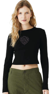 Arriving Soon Be Love Diamond Heart Crop Rib Long Sleeve Top in Black