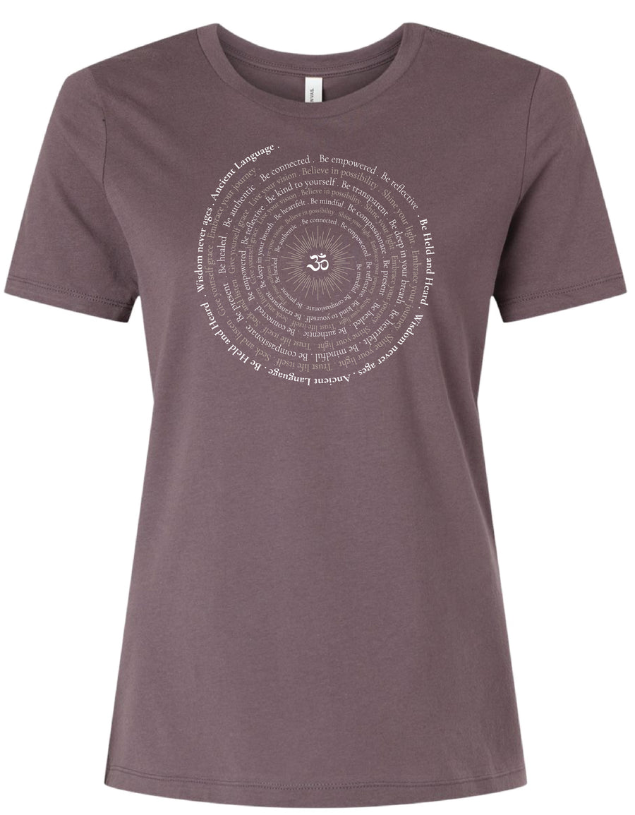 Om Sunburst Spiral Women's Relaxed Short Sleeve Tee in Purple Storm