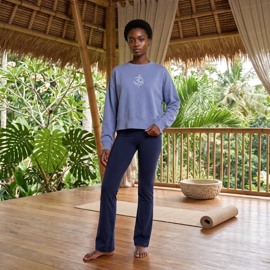 Arriving Soon Swirl Om Embroidered Malibu Women's Crew Sweatshirt in Ocean Blue