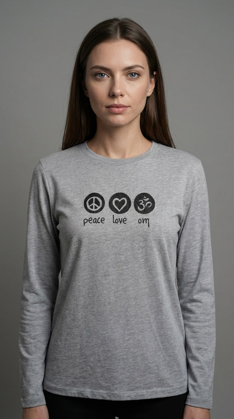 Peace Love Om Long Sleeve Tee in Heather Grey