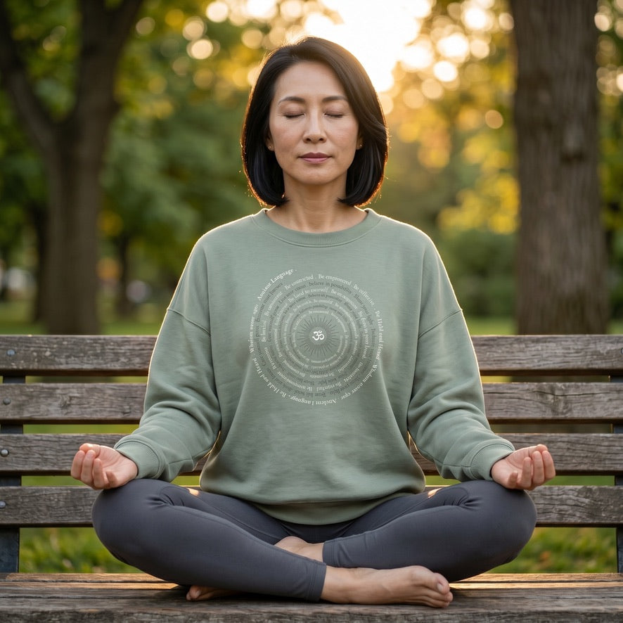 Om Sunburst Spiral Women's Snuggly Fleece Crew in Green Earth Sage