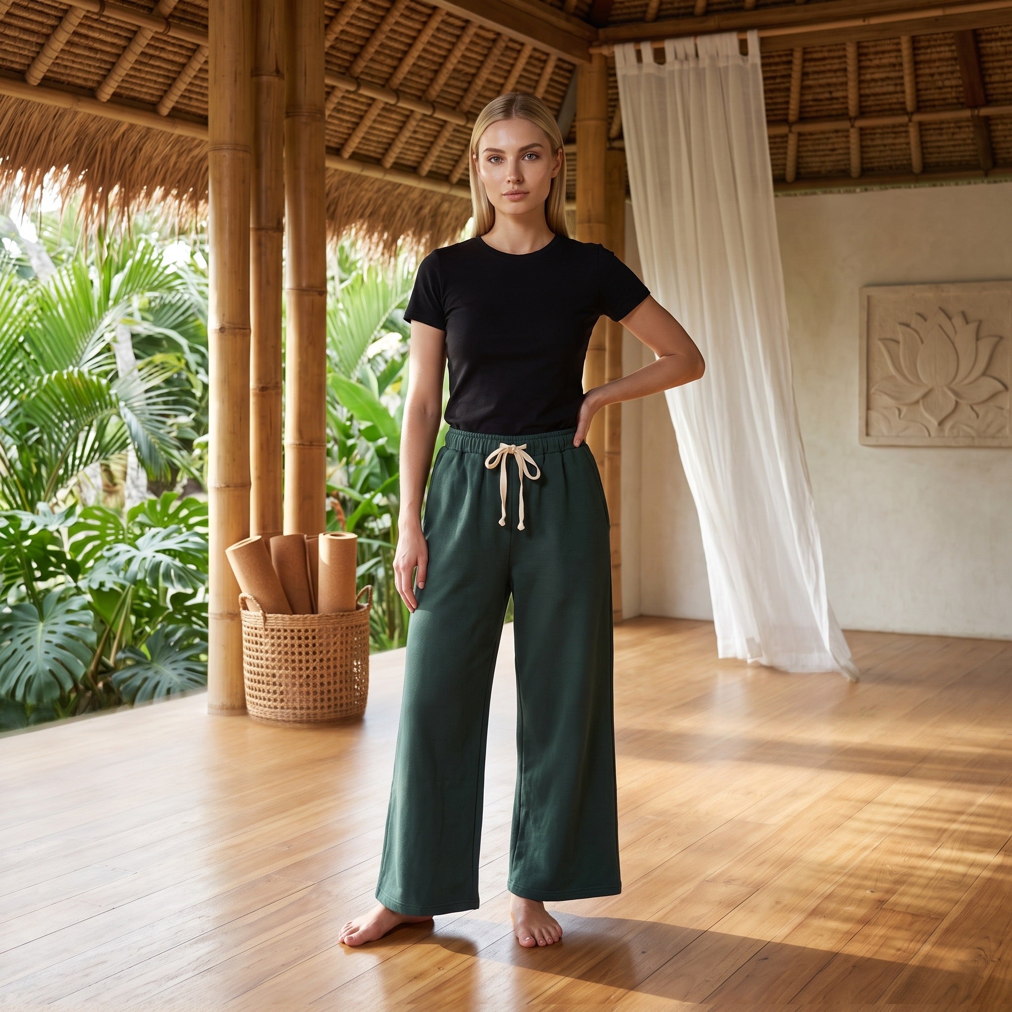 Bamboo Organic Cotton Fleece Unisex Om Lounge Pant in Deep Pine