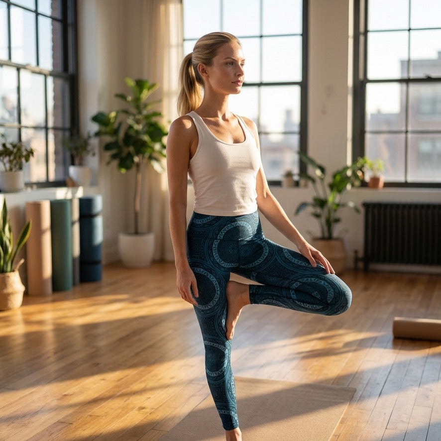 Navy-Teal Mandala Print Sueded High Waist Yoga Legging