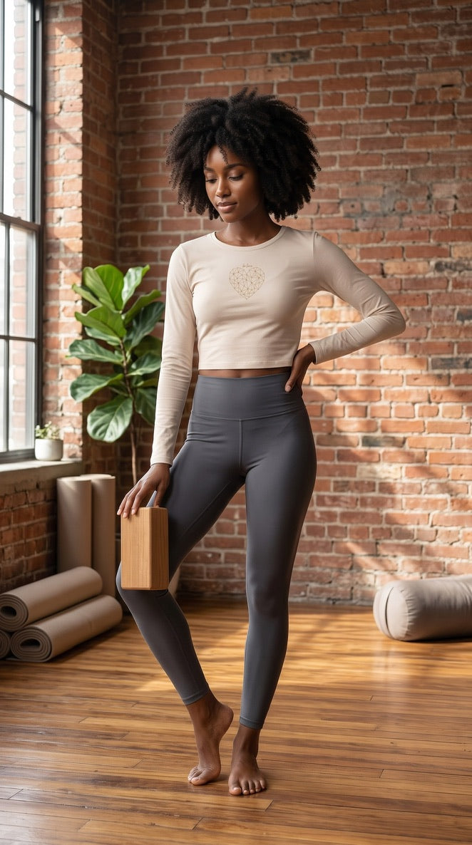 Arriving Soon Be Love Diamond Heart Crop Rib Long Sleeve Top in Natural