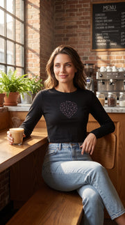 Arriving Soon Be Love Diamond Heart Crop Rib Long Sleeve Top in Black