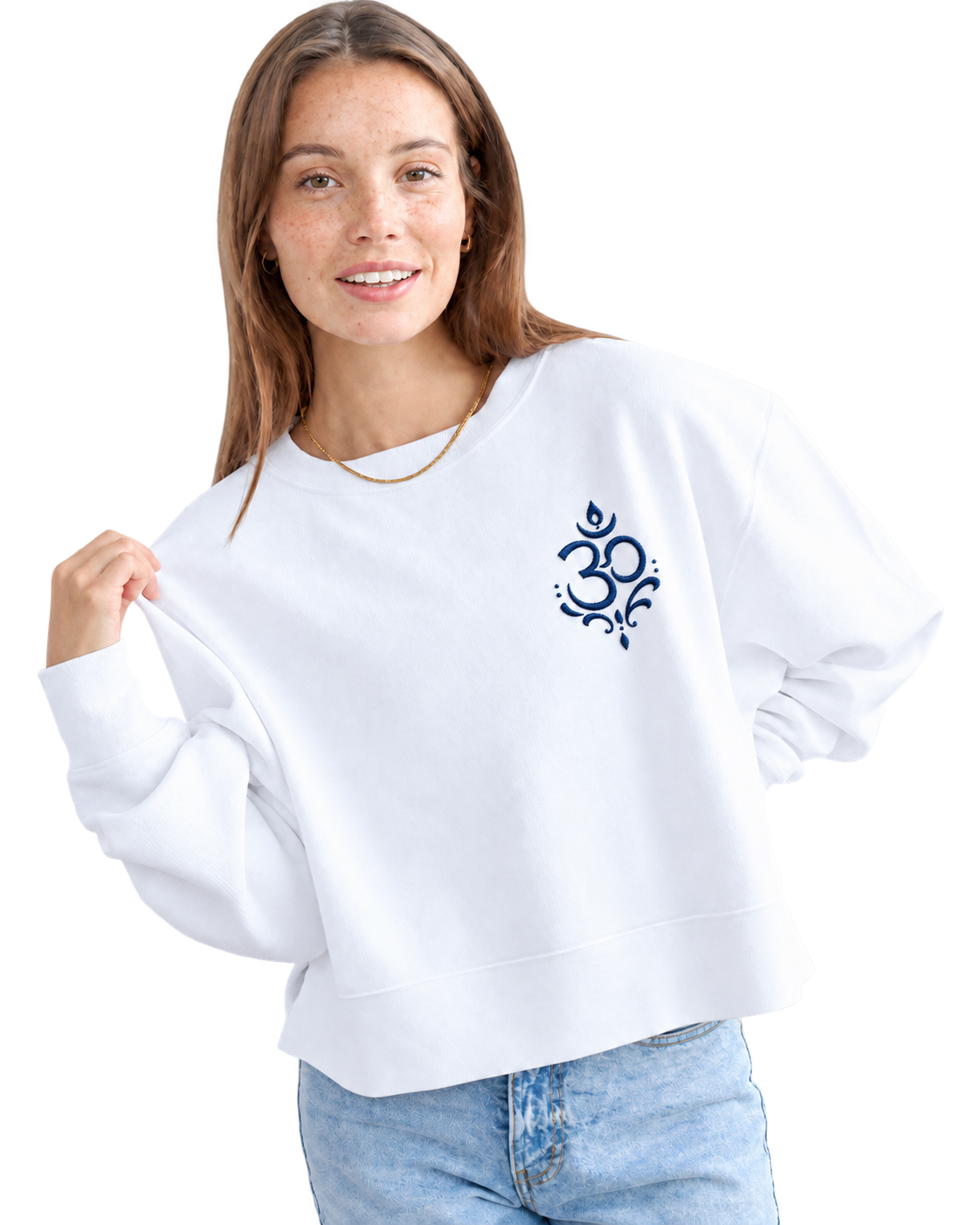 Arriving Soon Swirl Om Embroidered Corded Boxy Women's 100% Cotton Sweatshirt in White