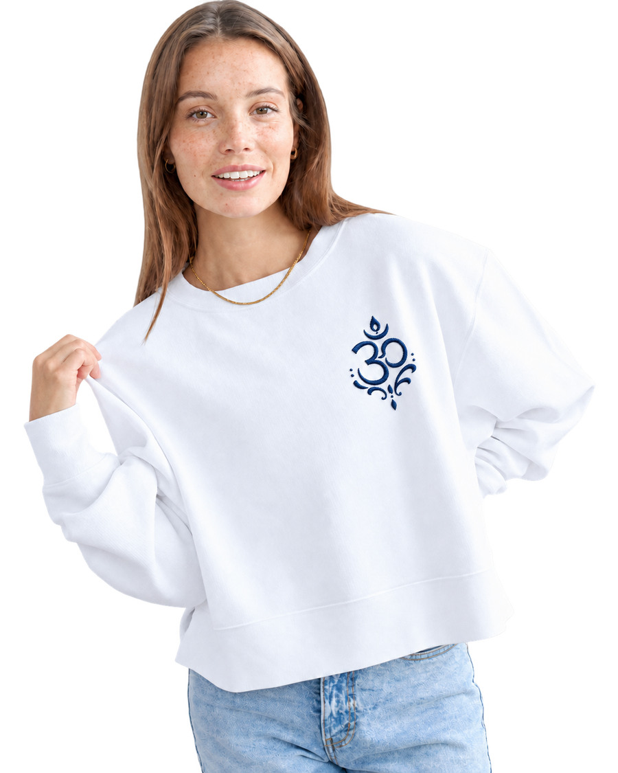 Arriving Soon Swirl Om Embroidered Corded Boxy Women's 100% Cotton Sweatshirt in White