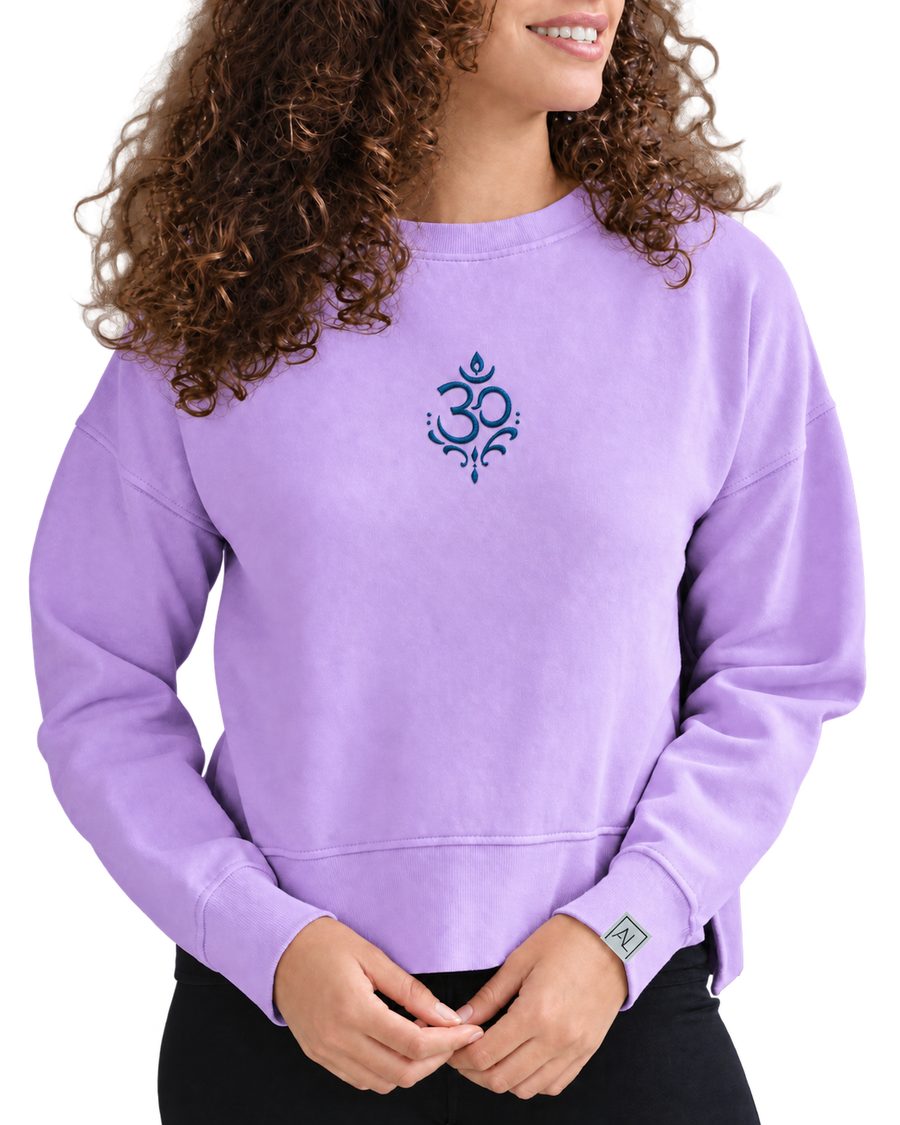 Arriving Soon Swirl Om Embroidered Malibu Women's Crew Sweatshirt in Orchid Lavender