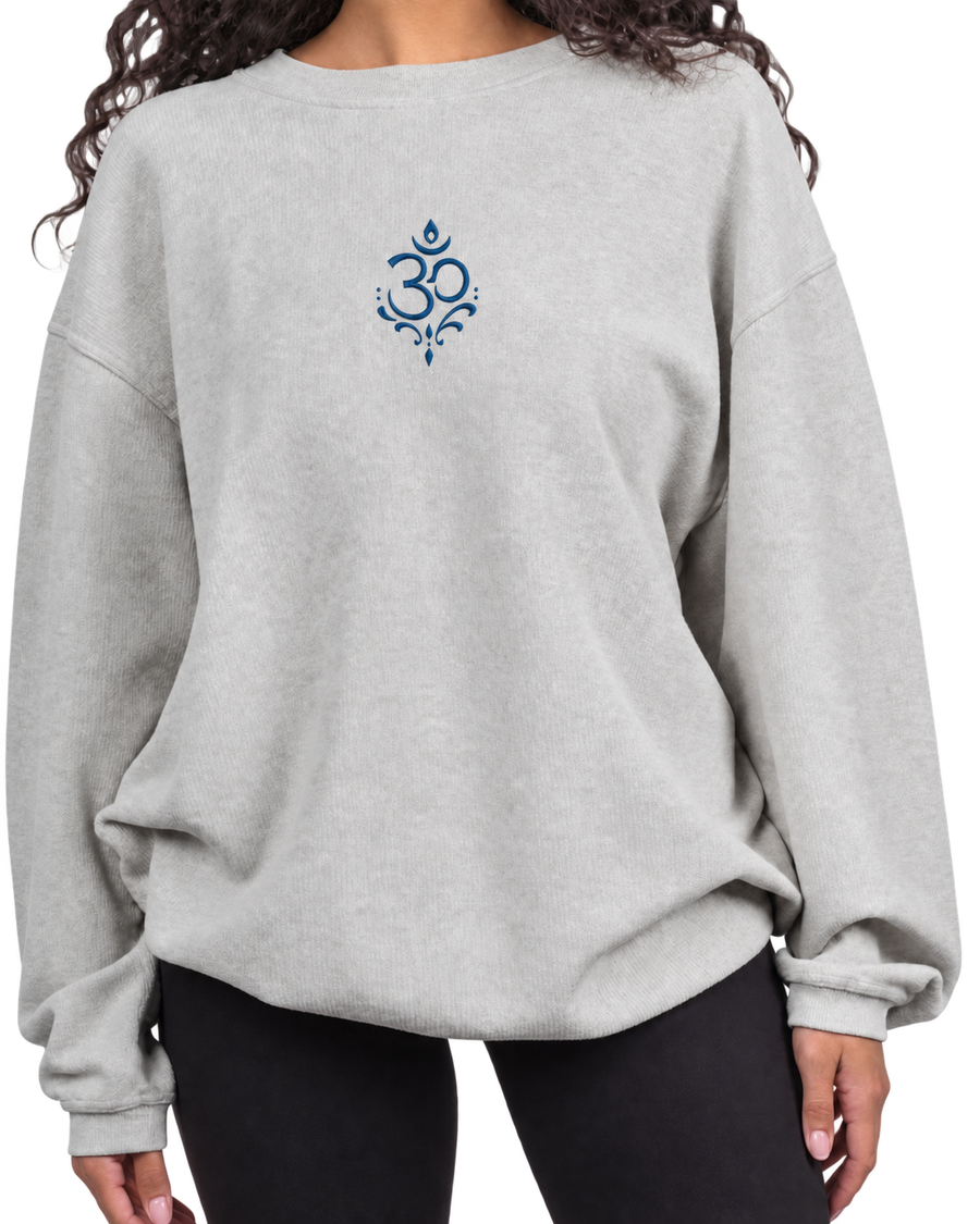 Arriving Soon Swirl Om Embroidered Corded Women's 100% Cotton Crew Sweatshirt in Steel Grey