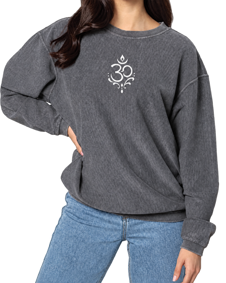 Arriving Soon Swirl Om Embroidered Corded Women's 100% Cotton Crew Sweatshirt in Charcoal
