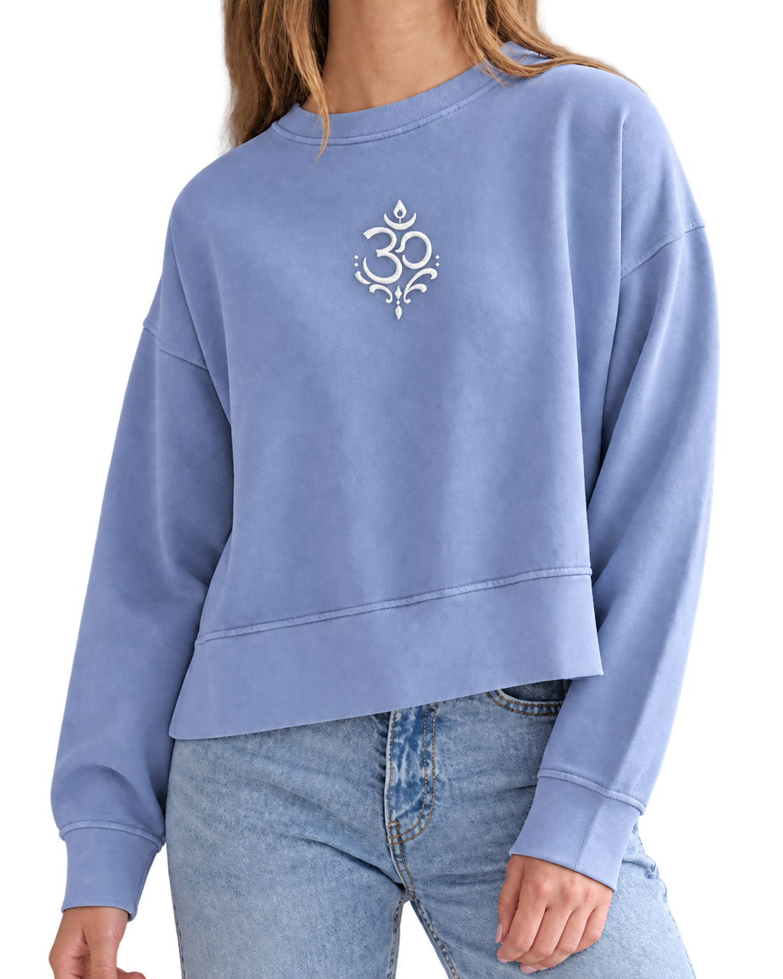 Arriving Soon Swirl Om Embroidered Malibu Women's Crew Sweatshirt in Ocean Blue