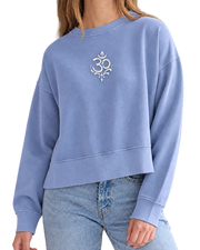 Arriving Soon Swirl Om Embroidered Malibu Women's Crew Sweatshirt in Ocean Blue