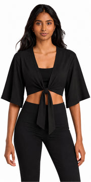 Bamboo Cotton Stretch Tie Kimono Jacket Black