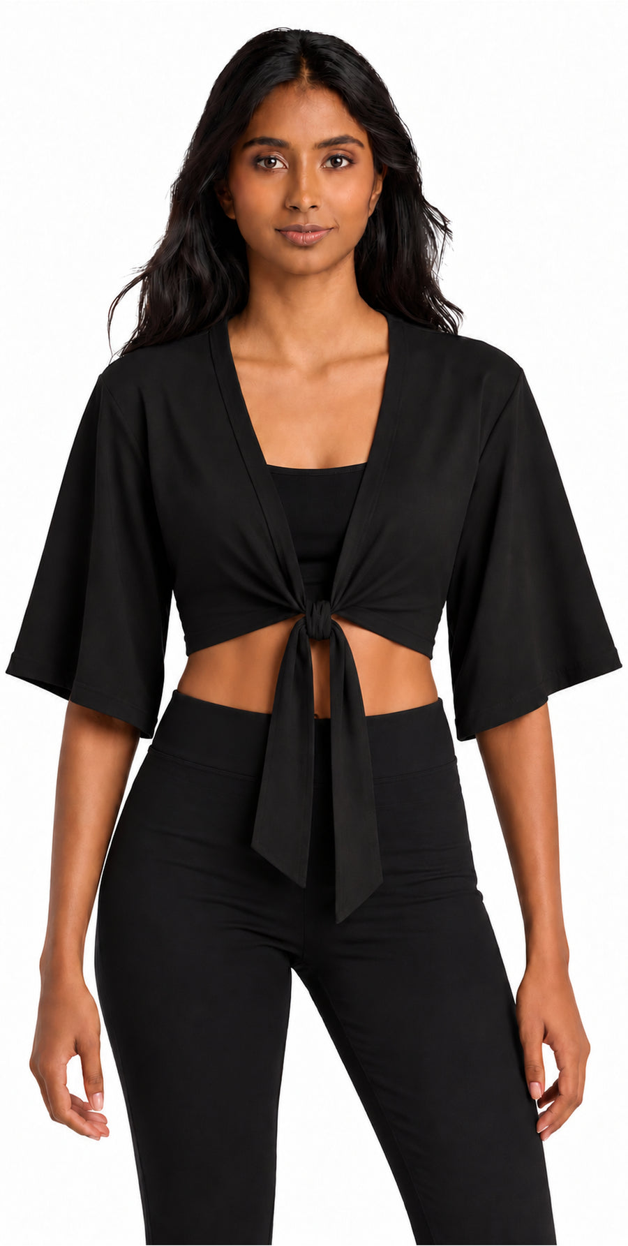 Bamboo Cotton Stretch Tie Kimono Jacket Black