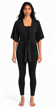 Bamboo Cotton Stretch Tie Kimono Jacket Black