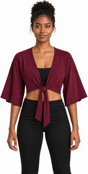 Bamboo Cotton Stretch Tie Kimono Jacket Merlot Maroon