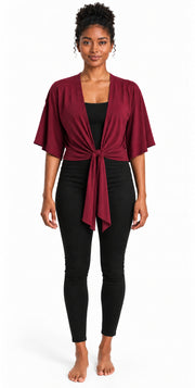 Bamboo Cotton Stretch Tie Kimono Jacket Merlot Maroon