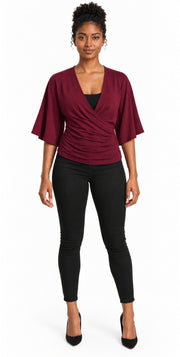 Bamboo Cotton Stretch Tie Kimono Jacket Merlot Maroon