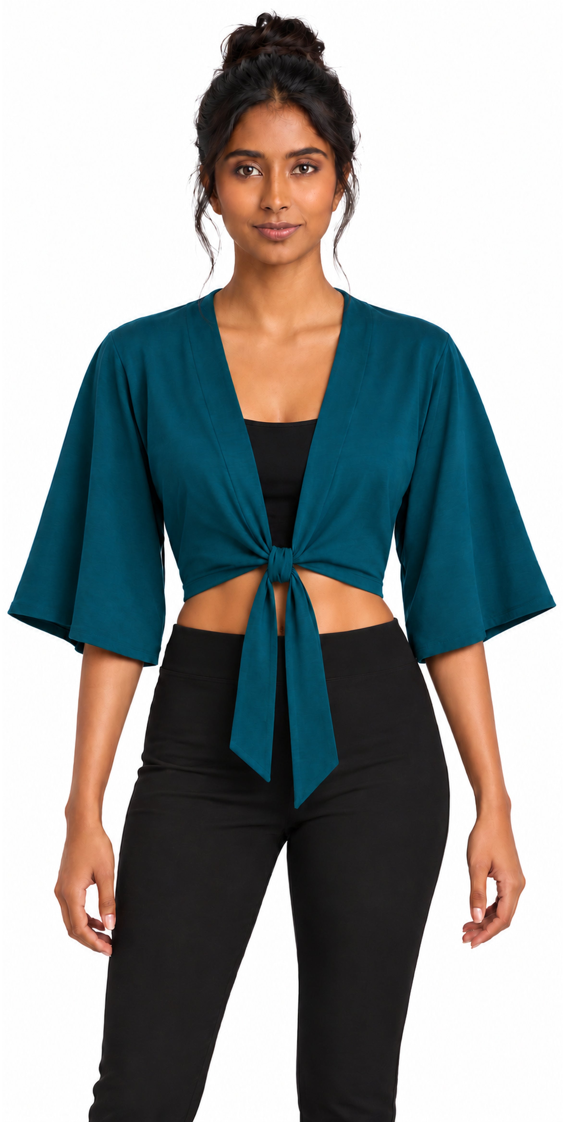 Bamboo Cotton Stretch Tie Kimono Jacket Moroccan Teal