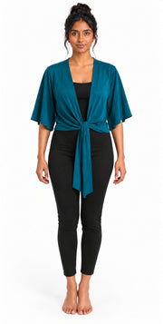Bamboo Cotton Stretch Tie Kimono Jacket Moroccan Teal