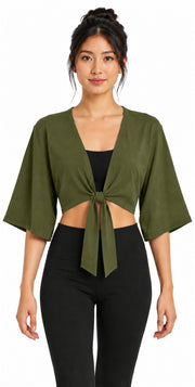 Bamboo Cotton Stretch Tie Kimono Jacket Moss Green