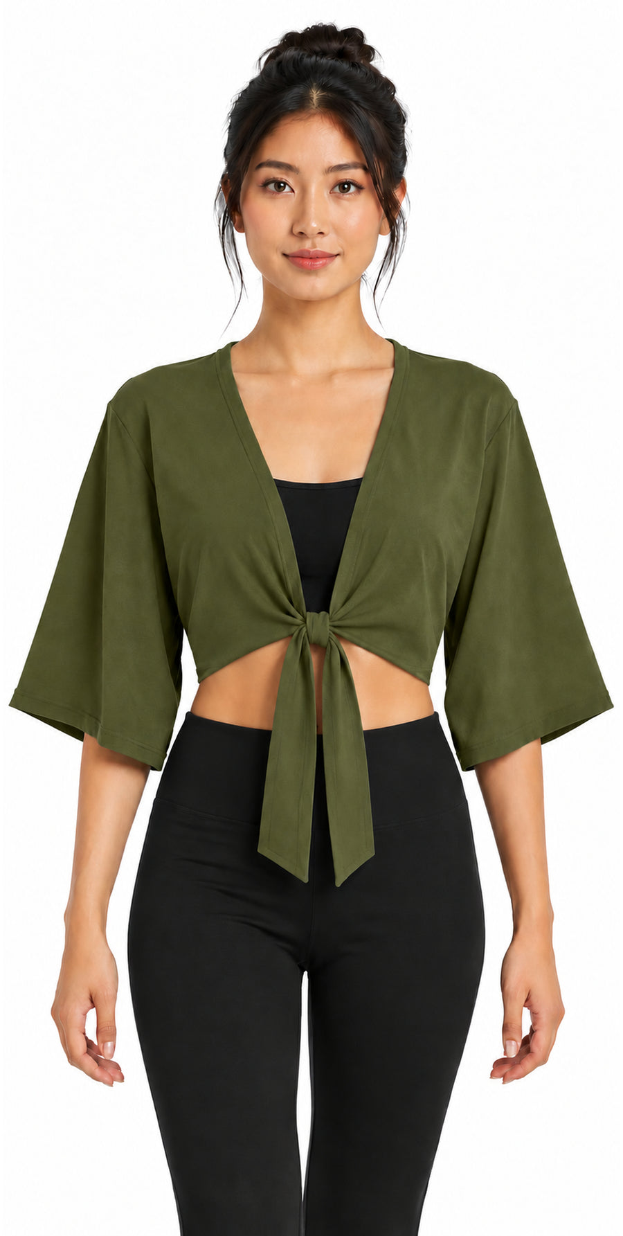 Bamboo Cotton Stretch Tie Kimono Jacket Moss Green