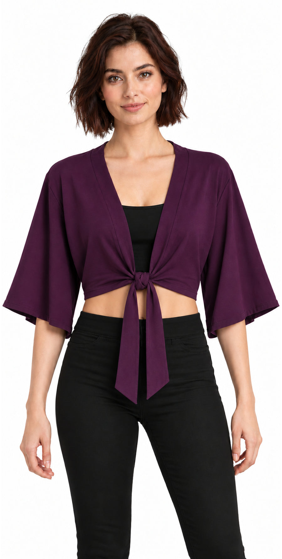 Bamboo Cotton Stretch Tie Kimono Jacket Plum
