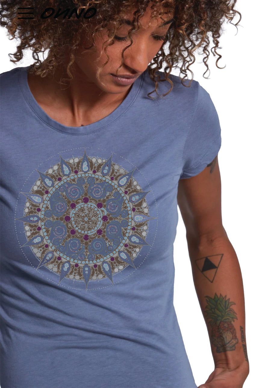 Arriving Soon Mandala Women's Bamboo Organic Cotton Cap Sleeve Tee in Stone Blue