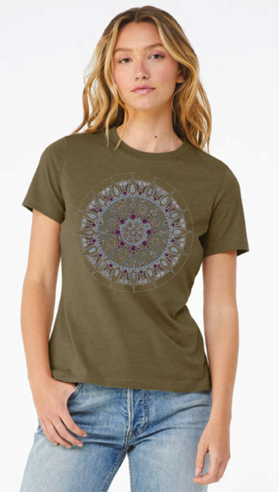 Mandala Women's Relaxed Short Sleeve Tee in Heather Olive