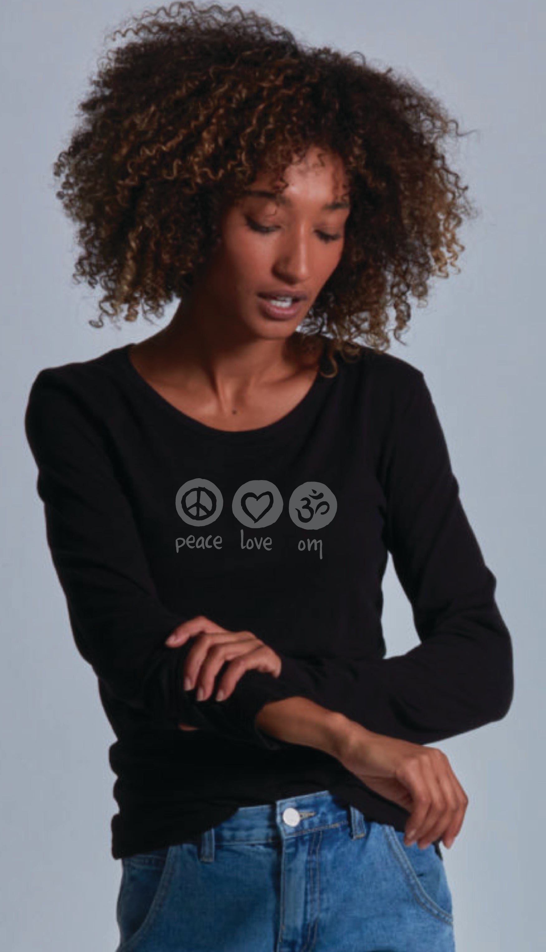 Peace Love Om Women's Bamboo Long Sleeve Tee Preorder Ancient Language Yoga Clothing