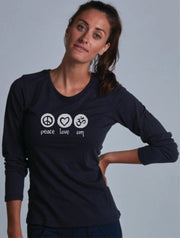 Peace Love Om Women's Bamboo Long Sleeve Tee Preorder Ancient Language Yoga Clothing