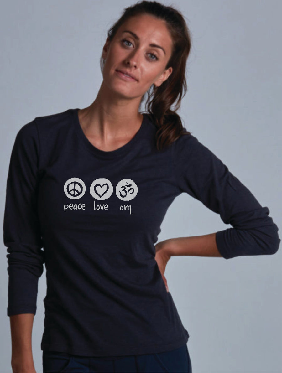 Peace Love Om Women's Bamboo Long Sleeve Tee Preorder Ancient Language Yoga Clothing