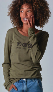Peace Love Om Women's Bamboo Long Sleeve Tee Preorder Ancient Language Yoga Clothing