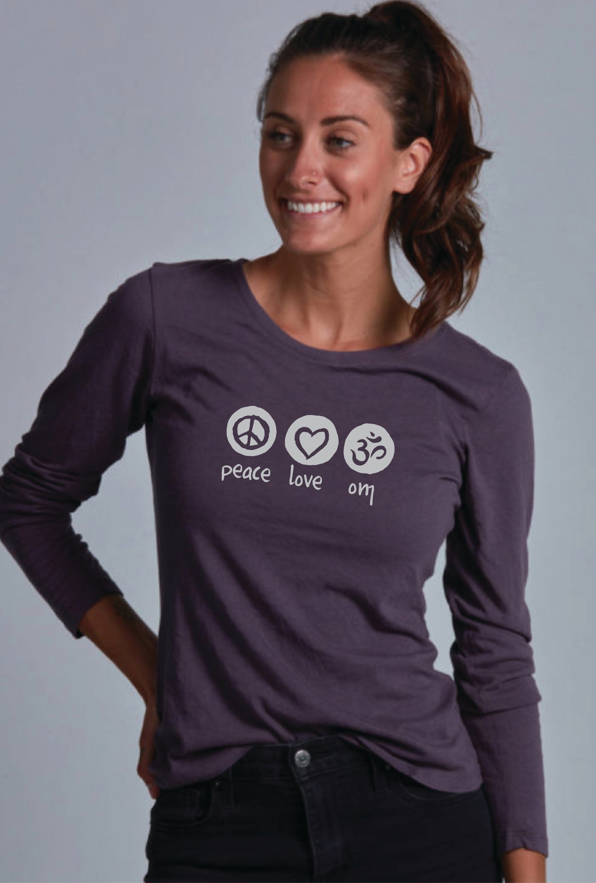 Peace Love Om Women's Bamboo Long Sleeve Tee Ancient Language Yoga Clothing