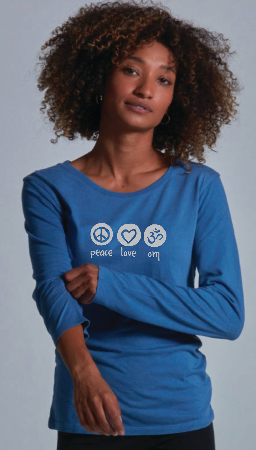 Peace Love Om Women's Bamboo Long Sleeve Tee Preorder Ancient Language Yoga Clothing