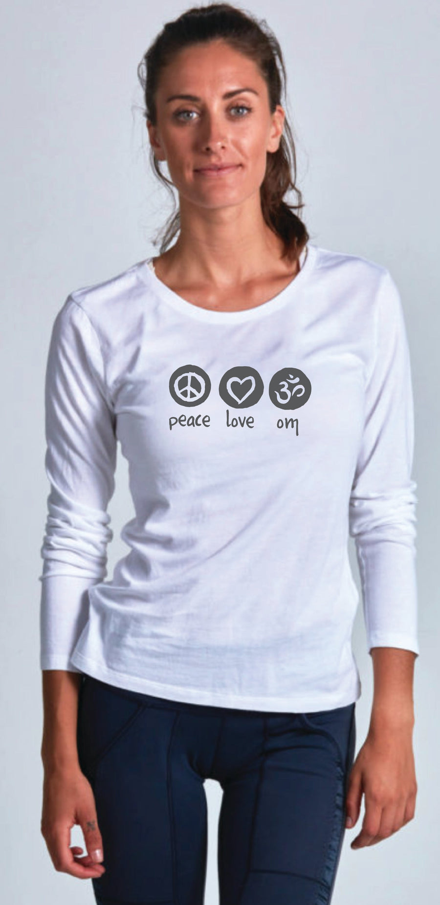 Peace Love Om Women's Bamboo Long Sleeve Tee Preorder Ancient Language Yoga Clothing