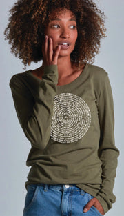 Sanskrit Spiral Women's Bamboo Organic Cotton Long Sleeve Tee in Cypress Green